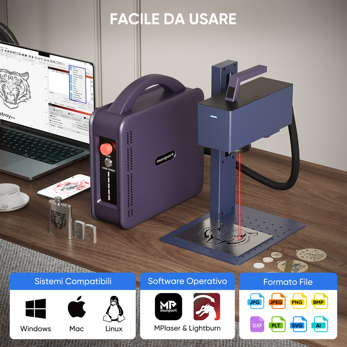 Monport 20W Portable Mini Fiber Laser Engraver per la marcatura a colori del metallo