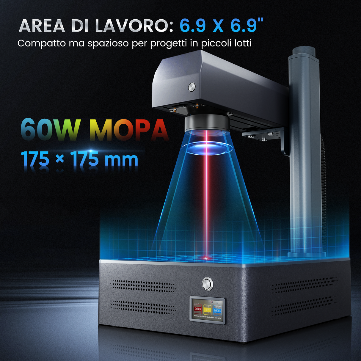 Macchina per incisione e marcatura laser in fibra MOPA integrata Monport GM 60W Pro con messa a fuoco automatica
