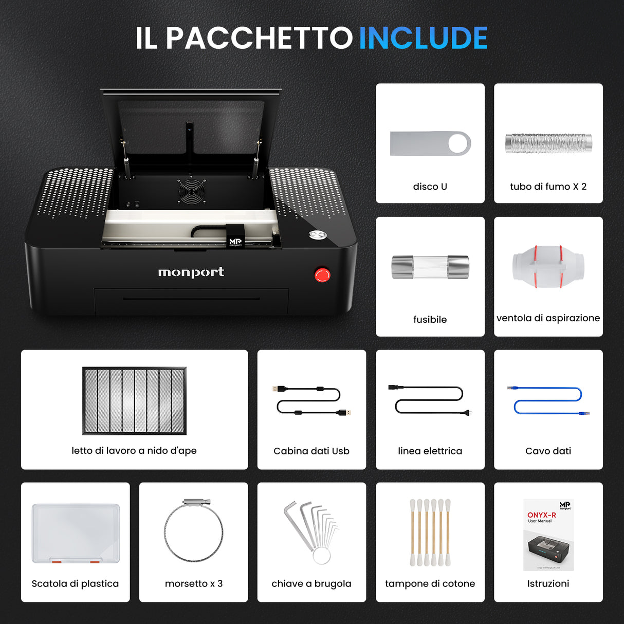 La macchina da intaglio a laser multifunzione MONPORT ONYX 55W (460mm* 280 mm)