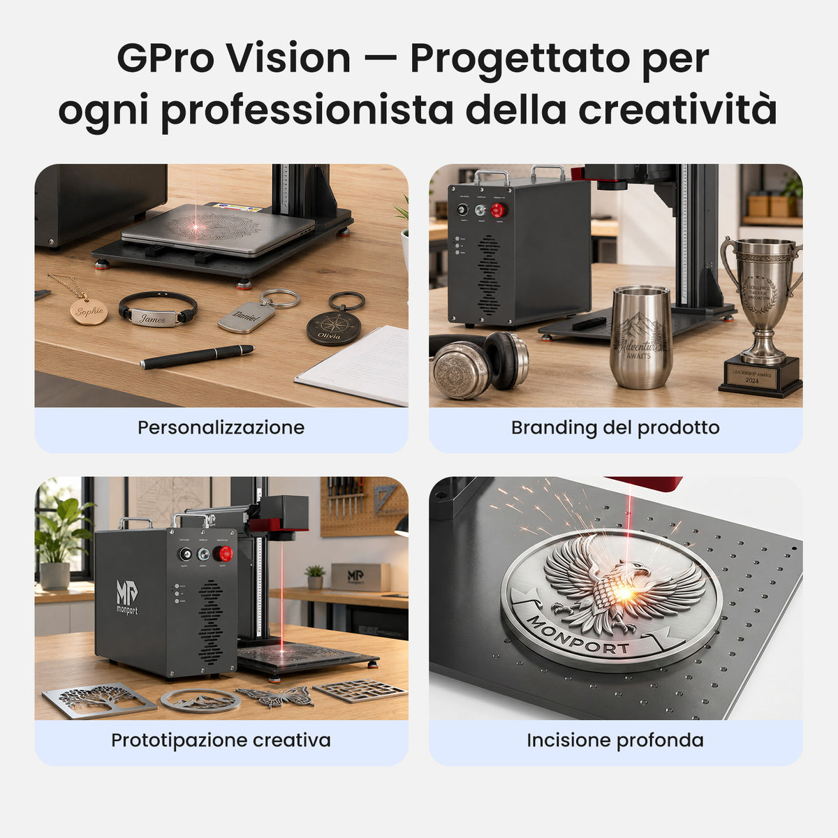 Monport GPro Vision 100W Laser per incisione e marcatura in fibra MOPA Split con Visione Intelligente 16MP e Messa a fuoco automatica