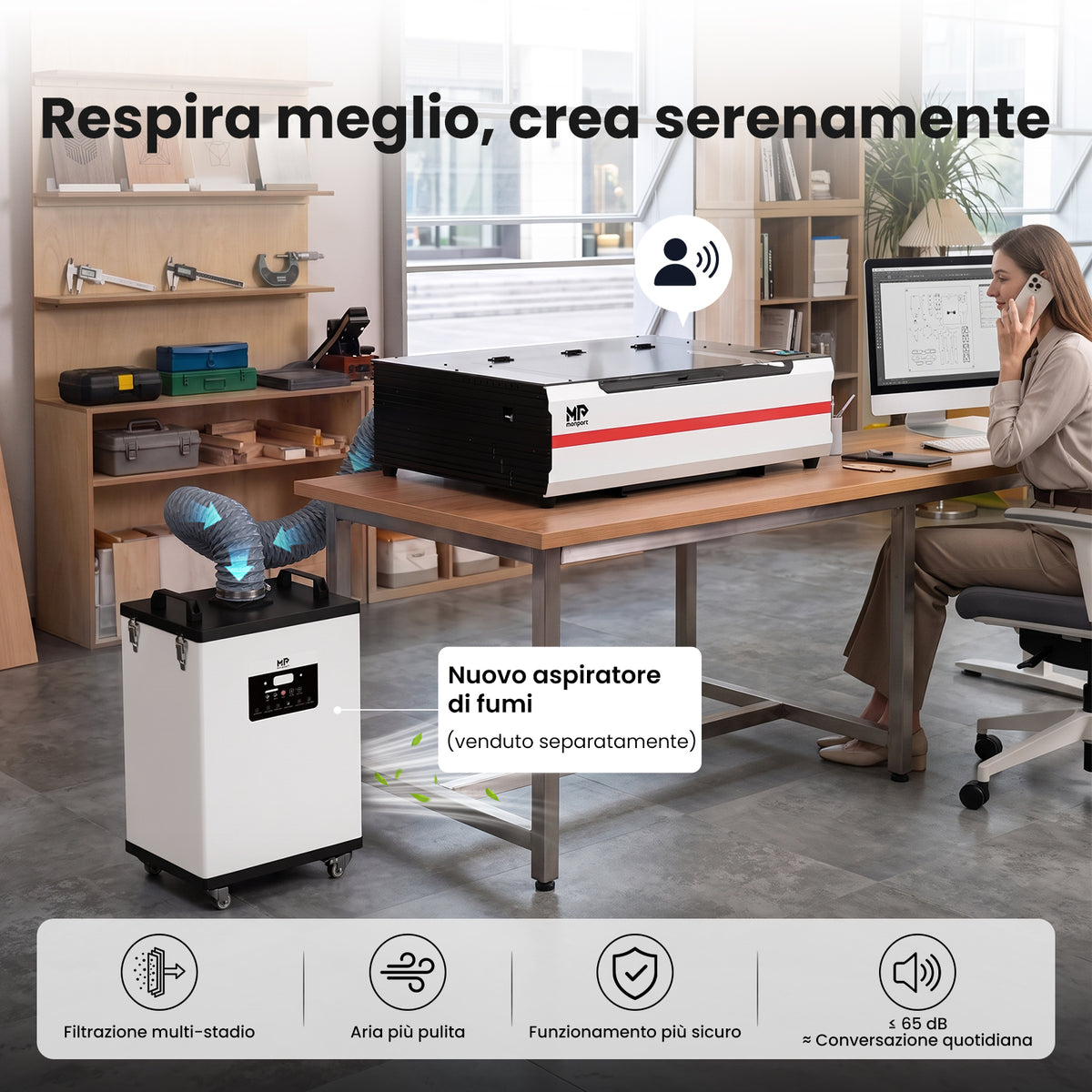 Monport Reno65 Pro 65W Incisore Laser CO₂ Aggiornato (24" × 16") con Raffreddamento ad Acqua, Assistenza Aria Integrata e Ripresa dell’Incisione dopo un’Interruzione di Corrente