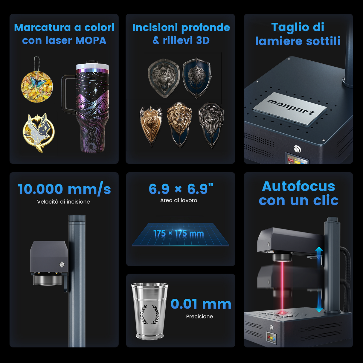 Macchina per incisione e marcatura laser in fibra MOPA integrata Monport GM 60W Pro con messa a fuoco automatica