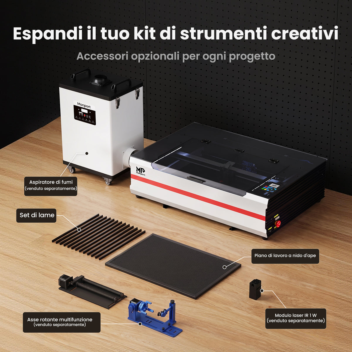 Monport Reno65 Pro 65W Incisore Laser CO₂ Aggiornato (24" × 16") con Raffreddamento ad Acqua, Assistenza Aria Integrata e Ripresa dell’Incisione dopo un’Interruzione di Corrente