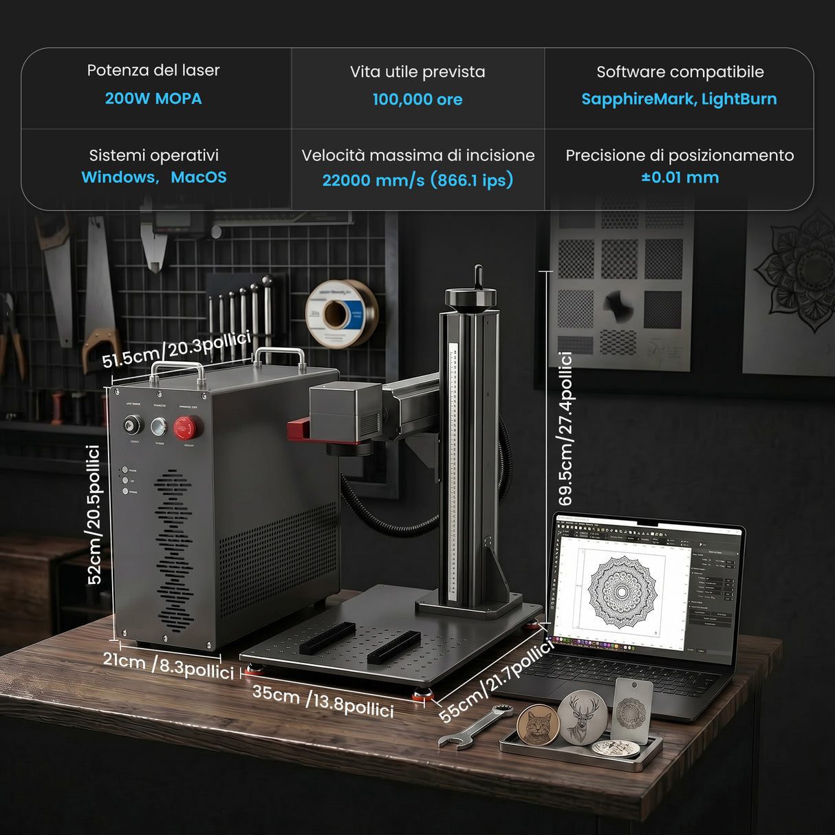 Monport GPro Vision 200W Laser per incisione e marcatura in fibra MOPA Split con Visione Intelligente 16MP e Messa a fuoco automatica