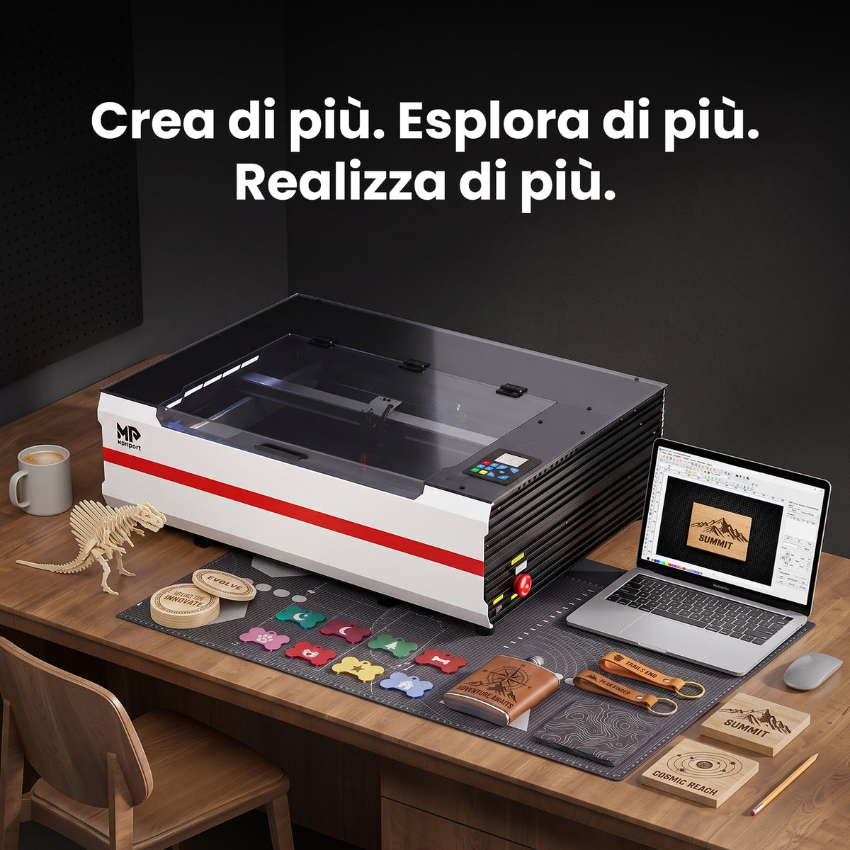 Monport Reno65 Pro 65W Incisore Laser CO₂ Aggiornato (24" × 16") con Raffreddamento ad Acqua, Assistenza Aria Integrata e Ripresa dell’Incisione dopo un’Interruzione di Corrente