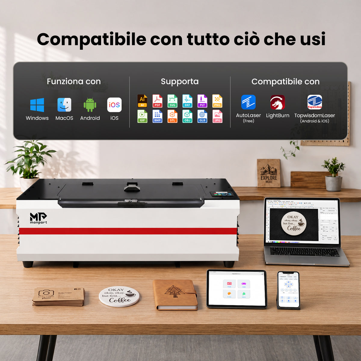 Monport Reno45 Pro Vision Aggiornato 45W Incisore & Tagliatore Laser CO₂ con Raffreddamento ad Acqua Integrato & Fotocamera HD da 8 MP