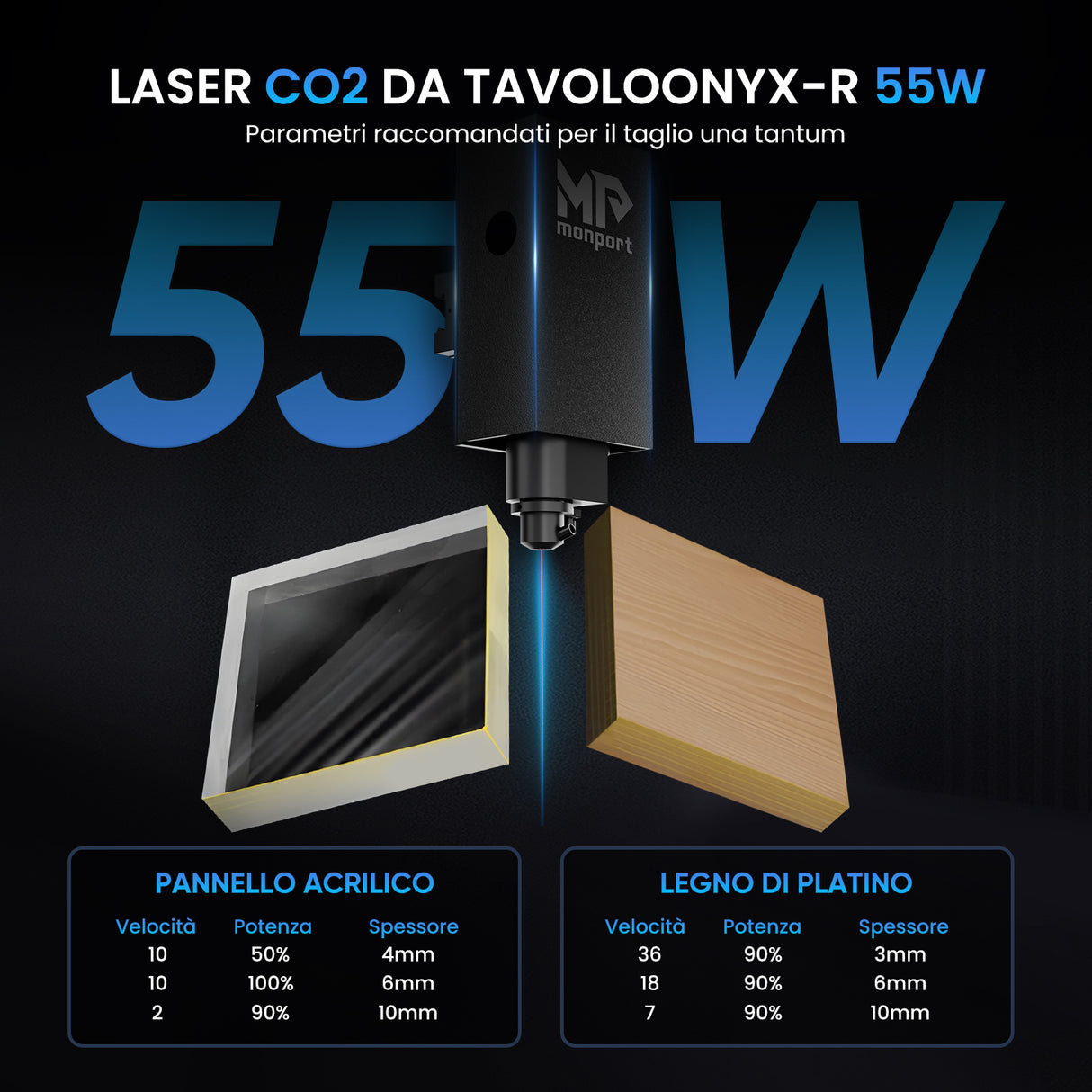 La macchina da intaglio a laser multifunzione MONPORT ONYX 55W (460mm* 280 mm)