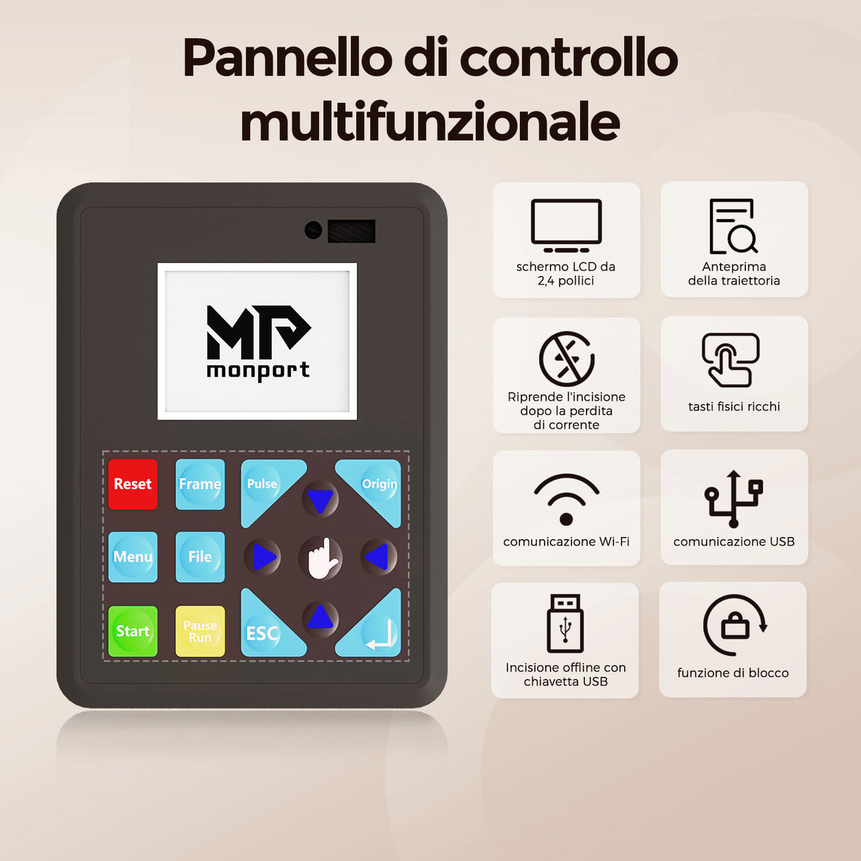 Incisore e taglierina laser CO2 da tavolo Monport Reno65 Pro 65W (24“ X 16”) con nuovo controller DSP e semi-autofocus