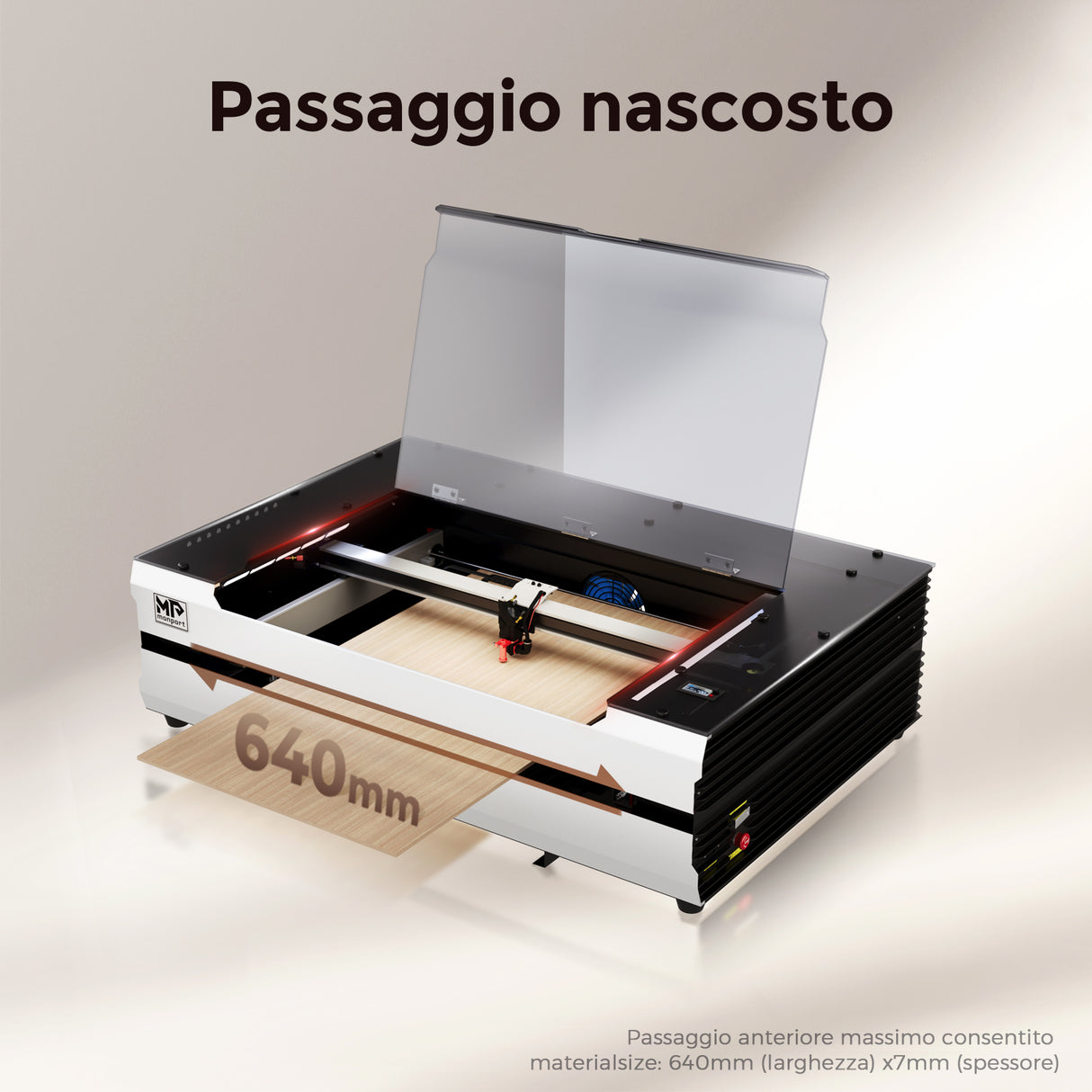 Incisore e taglierina laser CO2 da tavolo Monport Reno65 Pro 65W (24“ X 16”) con nuovo controller DSP e semi-autofocus