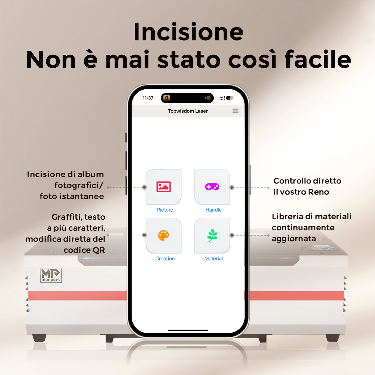 Incisore e taglierina laser CO2 da tavolo Monport Reno65 Pro 65W (24“ X 16”) con nuovo controller DSP e semi-autofocus