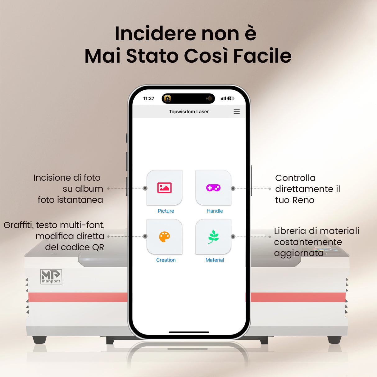 Incisore e taglierina laser CO2 da tavolo Monport Reno65 65W (24“ X 16”) con nuovo semi-autofocus