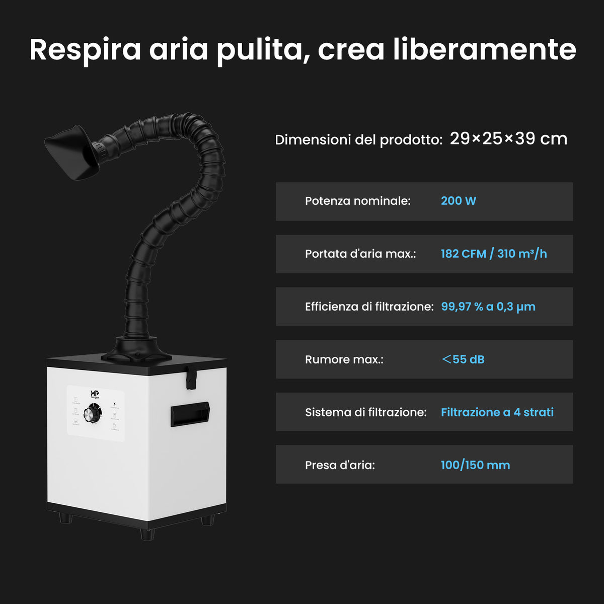 Monport Aspiratore Fumi Laser 200W con Filtrazione a 4 Strati per Incisori Laser CO2 e Fibra