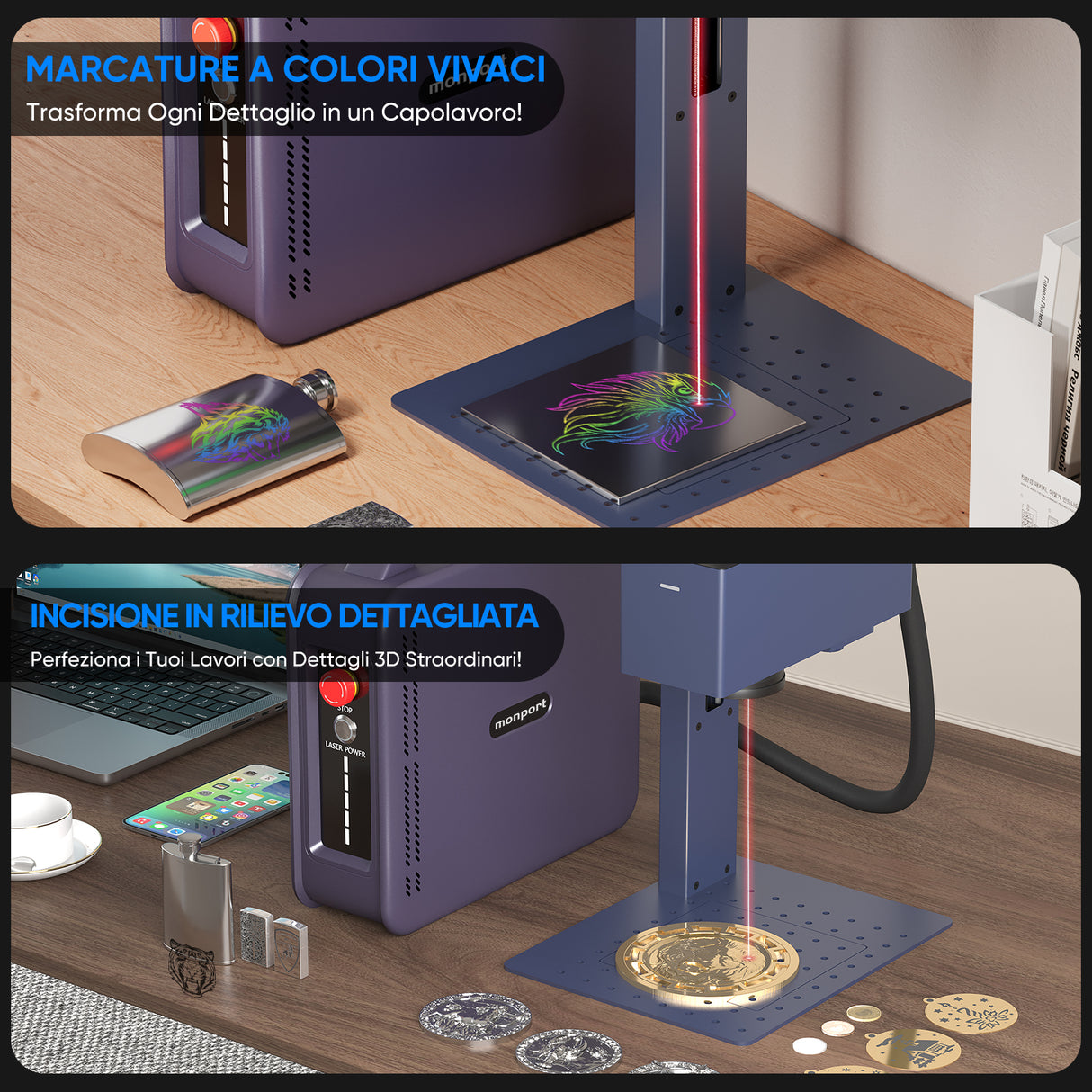 Monport 20W Portable Mini Fiber Laser Engraver per la marcatura a colori del metallo