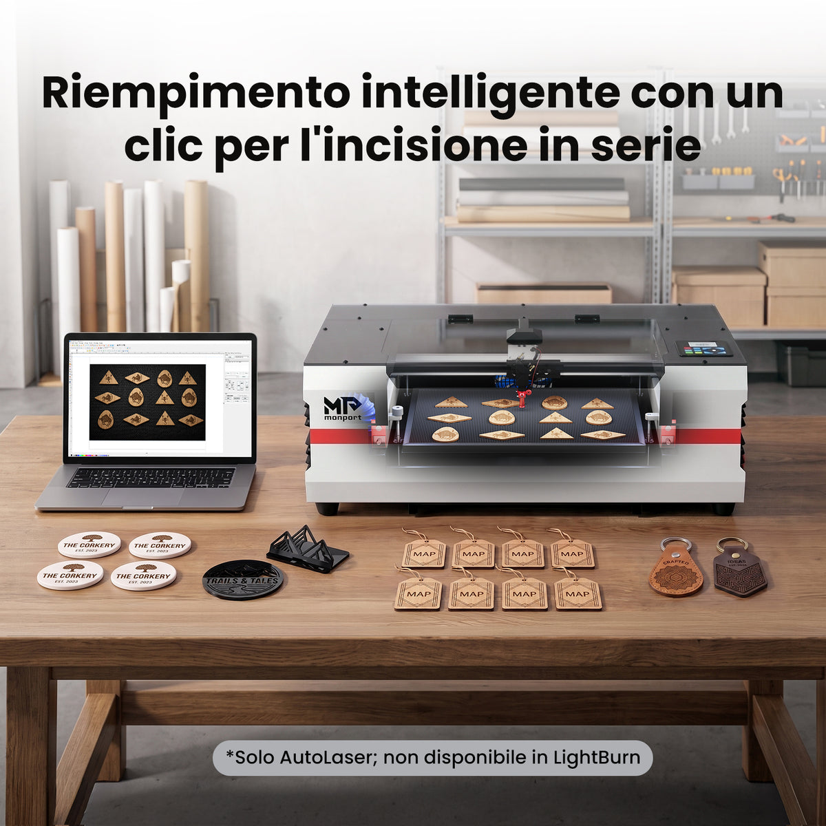 Monport Reno45 Pro Vision Aggiornato 45W Incisore & Tagliatore Laser CO₂ con Raffreddamento ad Acqua Integrato & Fotocamera HD da 8 MP