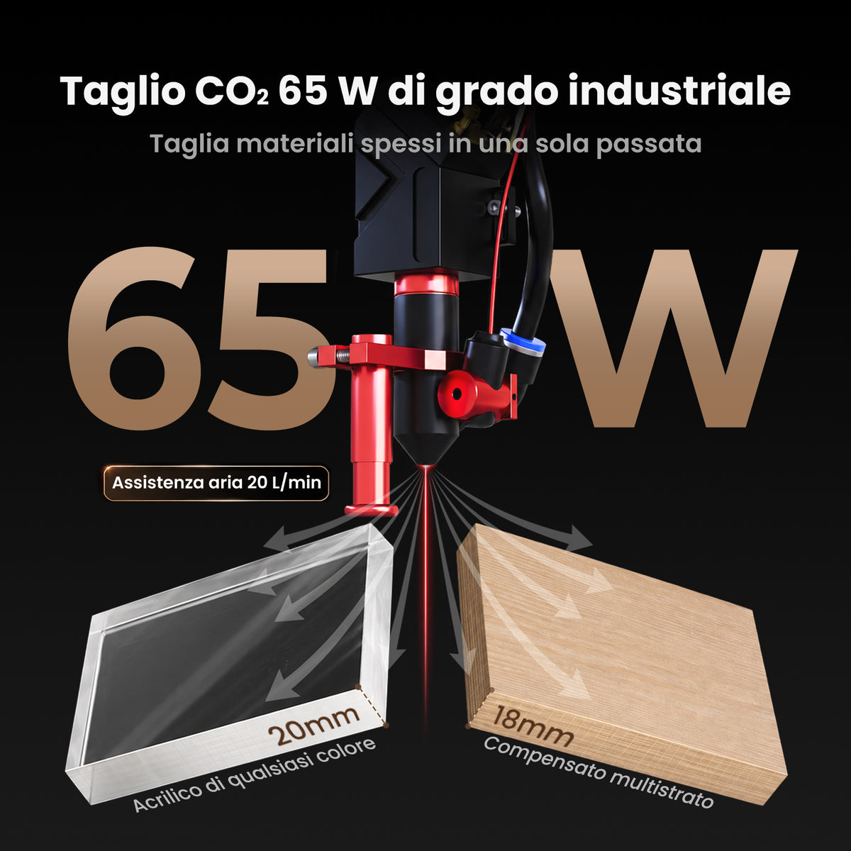 Monport Reno65 Pro 65W Incisore Laser CO₂ Aggiornato (24" × 16") con Raffreddamento ad Acqua, Assistenza Aria Integrata e Ripresa dell’Incisione dopo un’Interruzione di Corrente