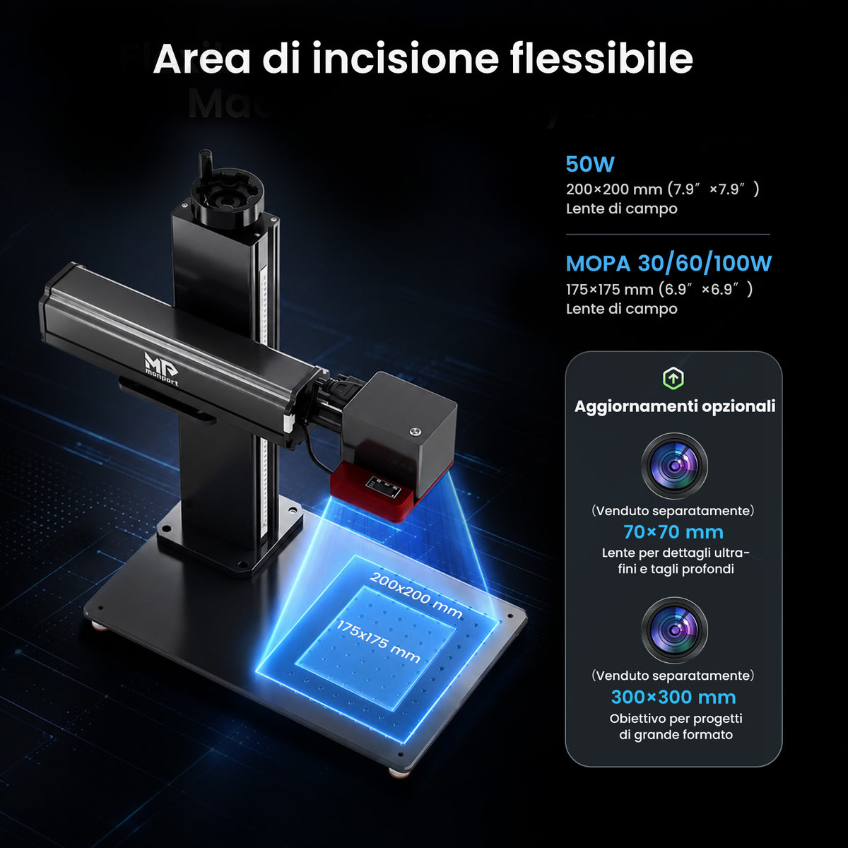 Monport GPro Vision 100W Laser per incisione e marcatura in fibra MOPA Split con Visione Intelligente 16MP e Messa a fuoco automatica