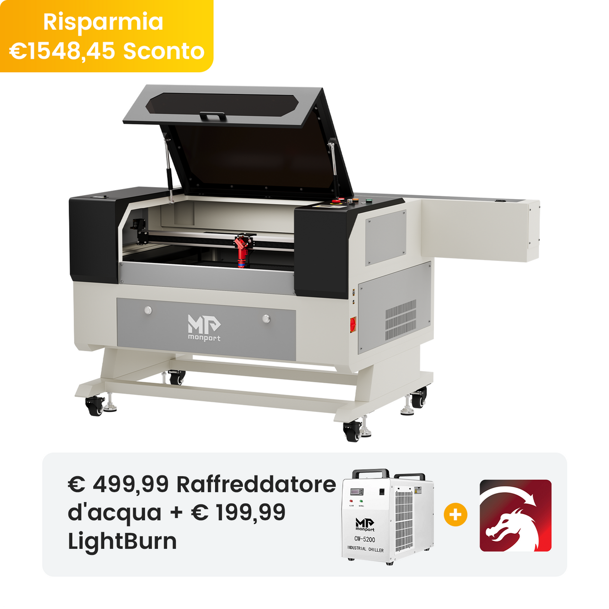 Smussatrice laser 100W a CO2 e tagliatrice (500x700mm), rotala automatica