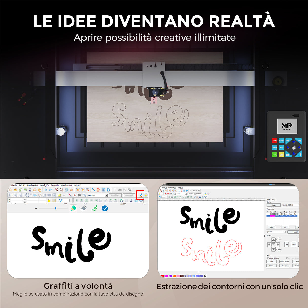 Incisore e taglierina laser CO2 da tavolo Monport Reno45 Pro da 45 W (16" X 12") con nuovissima messa a fuoco semi-automatica