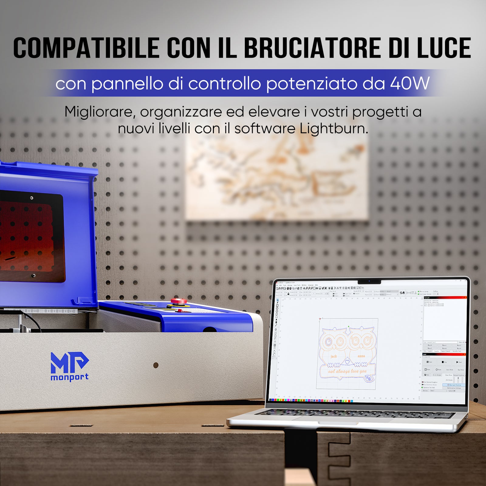 Incisore e taglierina laser CO2 Monport 40W Pro Lightburn-assistita (12