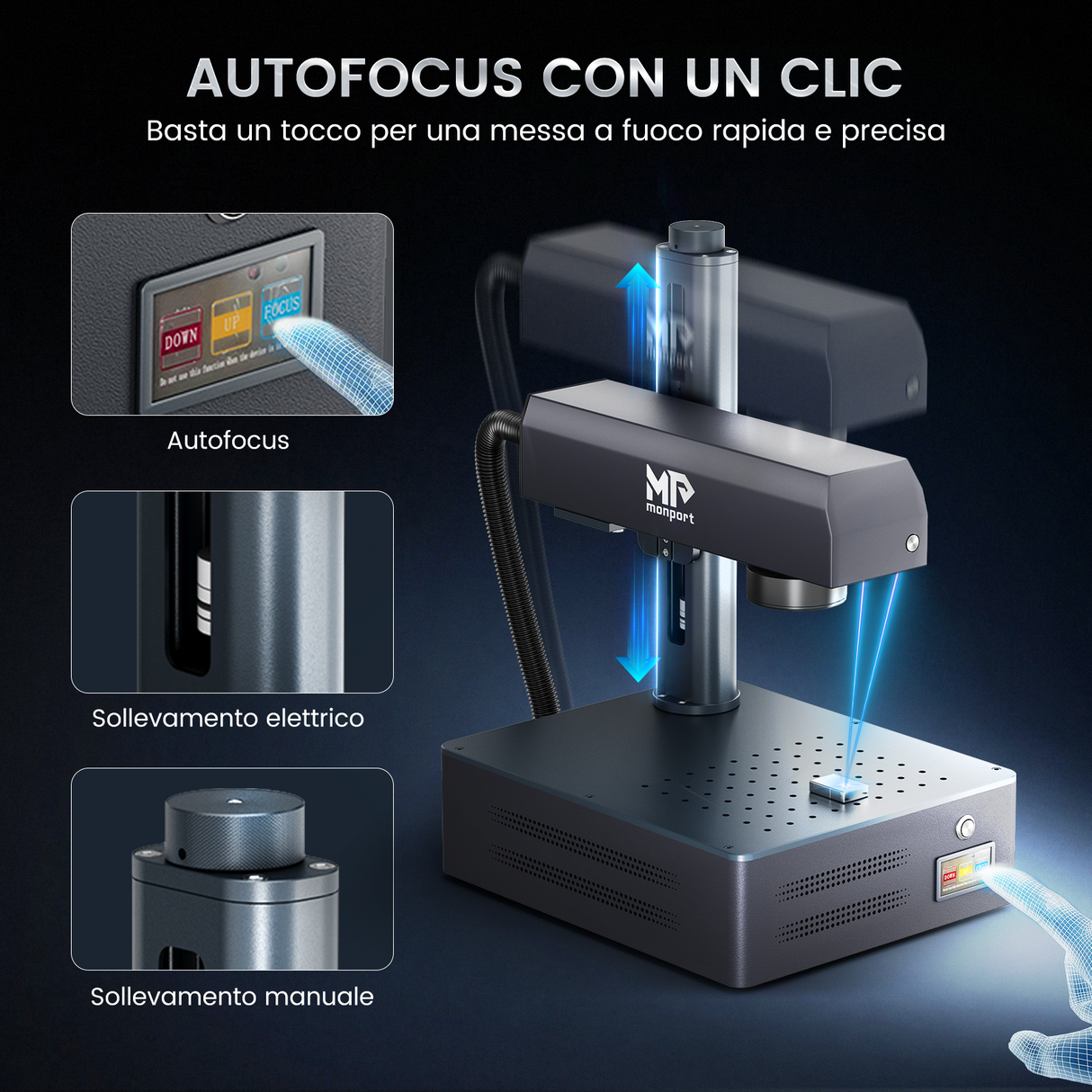 Macchina per incisione e marcatura laser a fibra integrata Monport GM 50W Pro con messa a fuoco automatica - Macchina