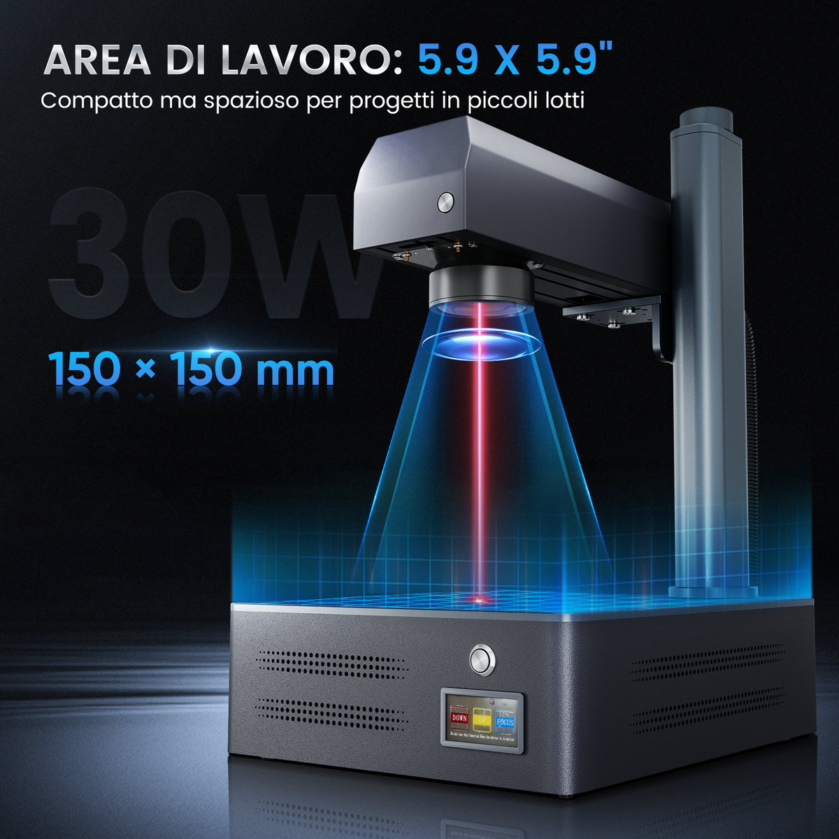 Macchina per incisione e marcatura laser a fibra integrata Monport GM 30W Pro con messa a fuoco automatica - Macchina