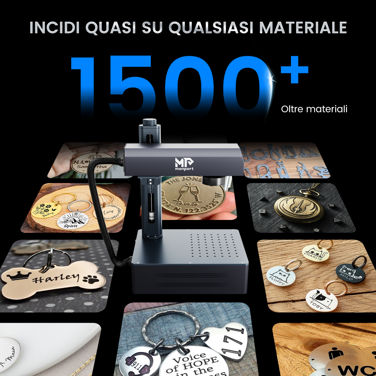 Macchina per incisione e marcatura laser a fibra integrata Monport GM 50W Pro con messa a fuoco automatica - Macchina