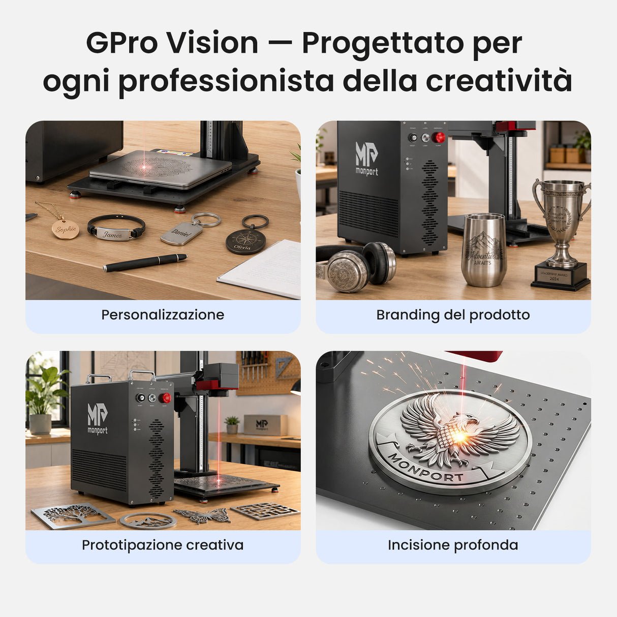 Monport GPro Vision 200W Laser per incisione e marcatura in fibra MOPA Split con Visione Intelligente 16MP e Messa a fuoco automatica