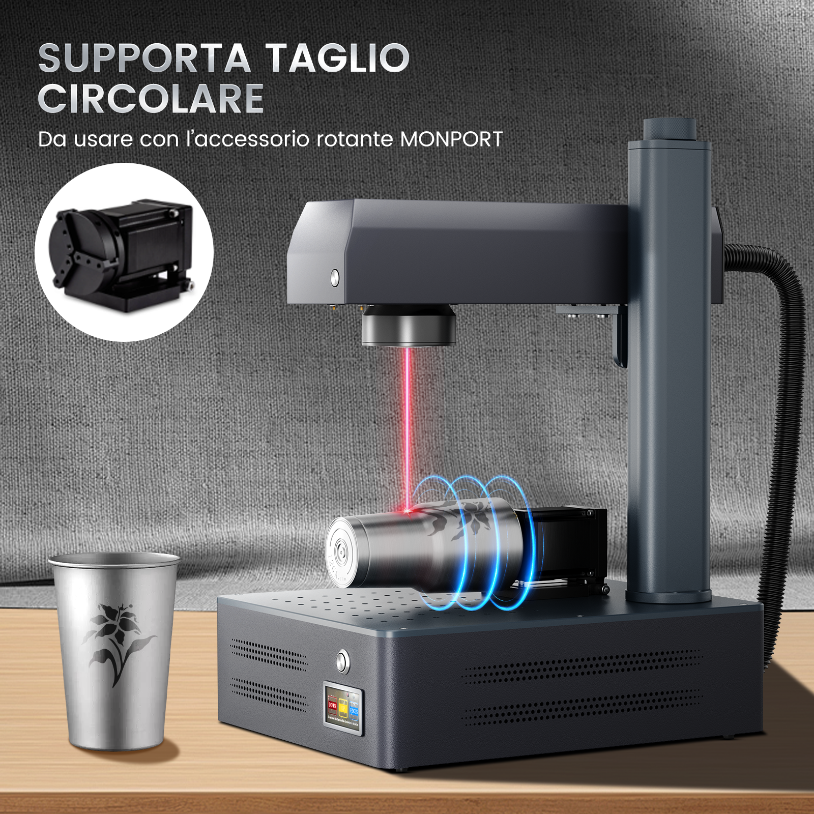 Macchina per marcatura e incisione laser a fibra integrata Monport GM 20W Pro con messa a fuoco automatica - Macchina