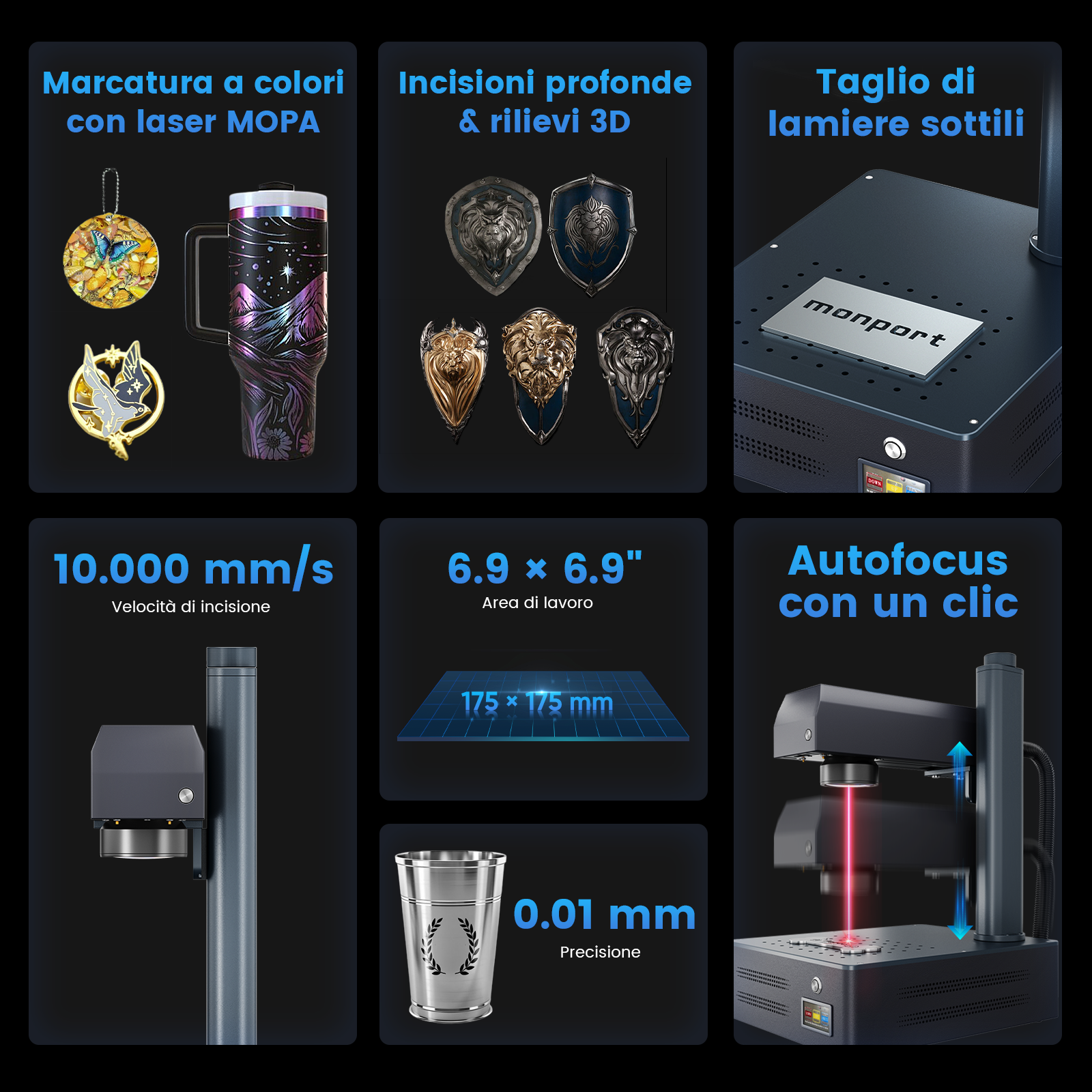 Macchina per incisione e marcatura laser in fibra MOPA integrata Monport GM 60W Pro con messa a fuoco automatica