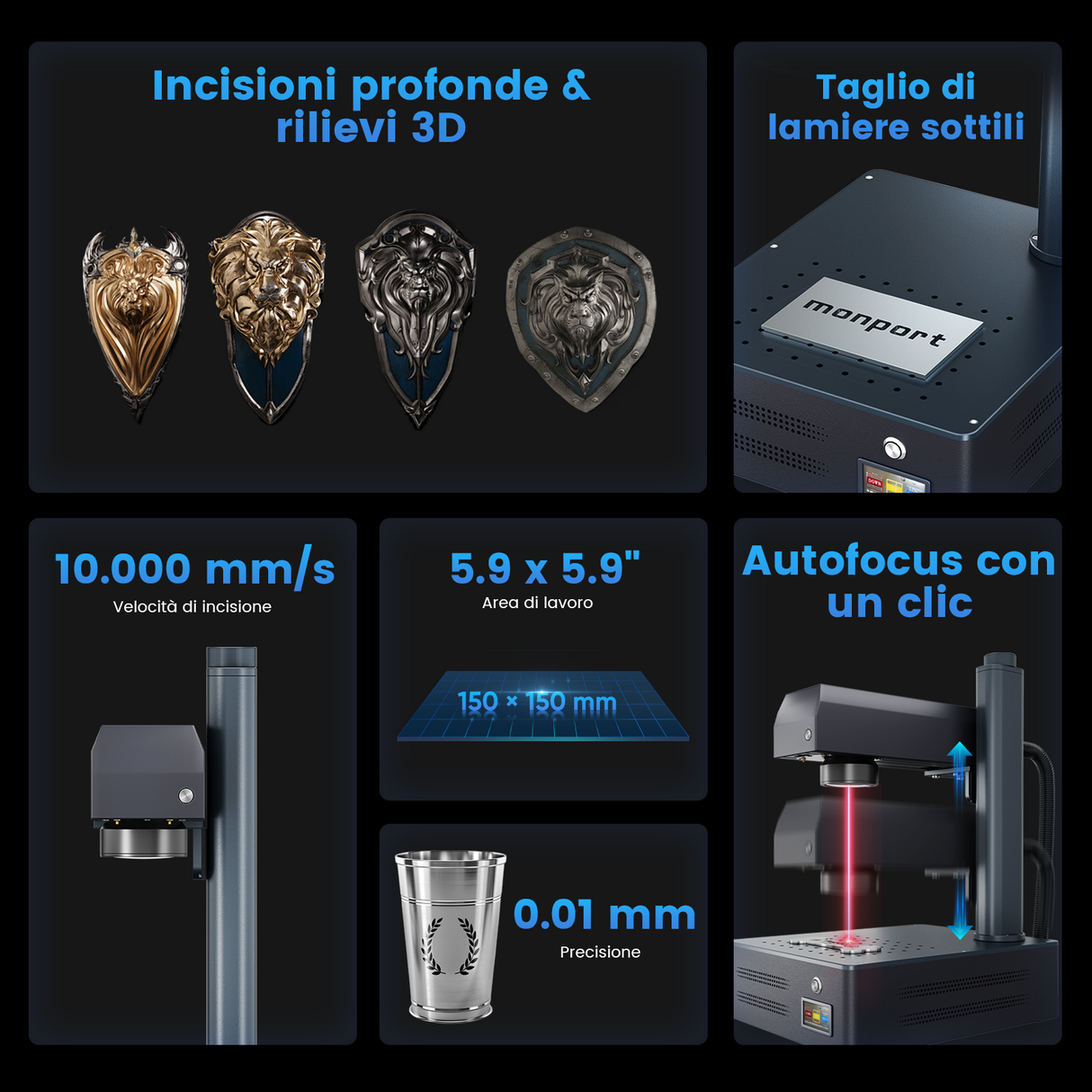Macchina per incisione e marcatura laser a fibra integrata Monport GM 30W Pro con messa a fuoco automatica - Macchina