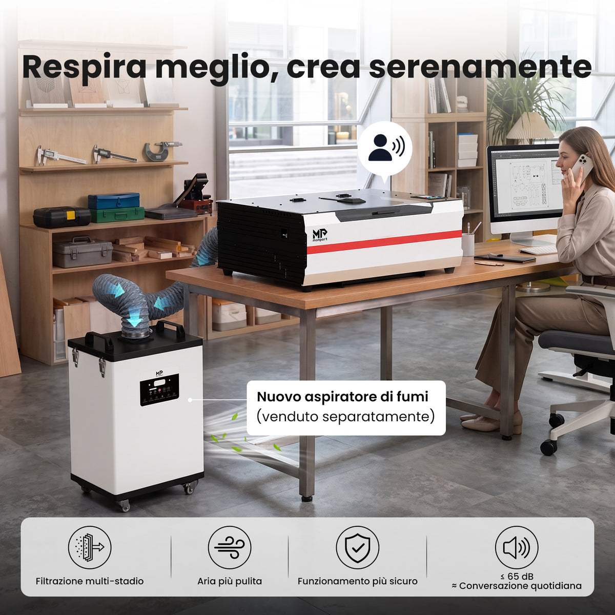 Monport Reno45 Pro Vision Aggiornato 45W Incisore & Tagliatore Laser CO₂ con Raffreddamento ad Acqua Integrato & Fotocamera HD da 8 MP
