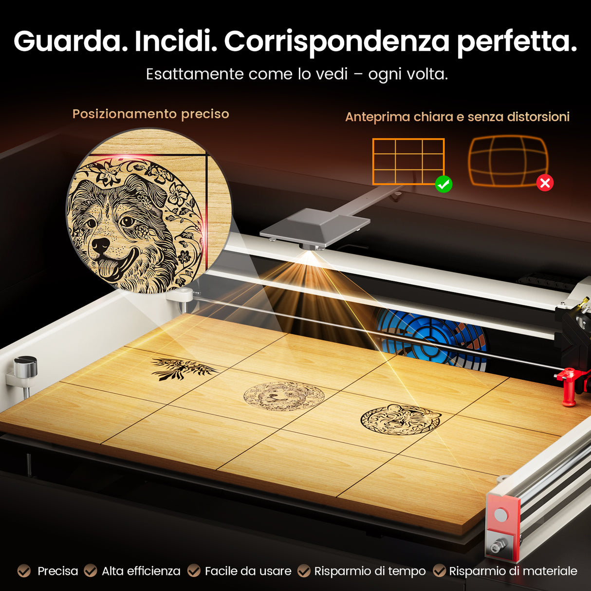 Monport Reno65 Pro Vision 65W Incisore e taglierina laser CO2 da tavolo (24“ X 16”) con fotocamera HD da 8 MP e autofocus assistito magneticamente