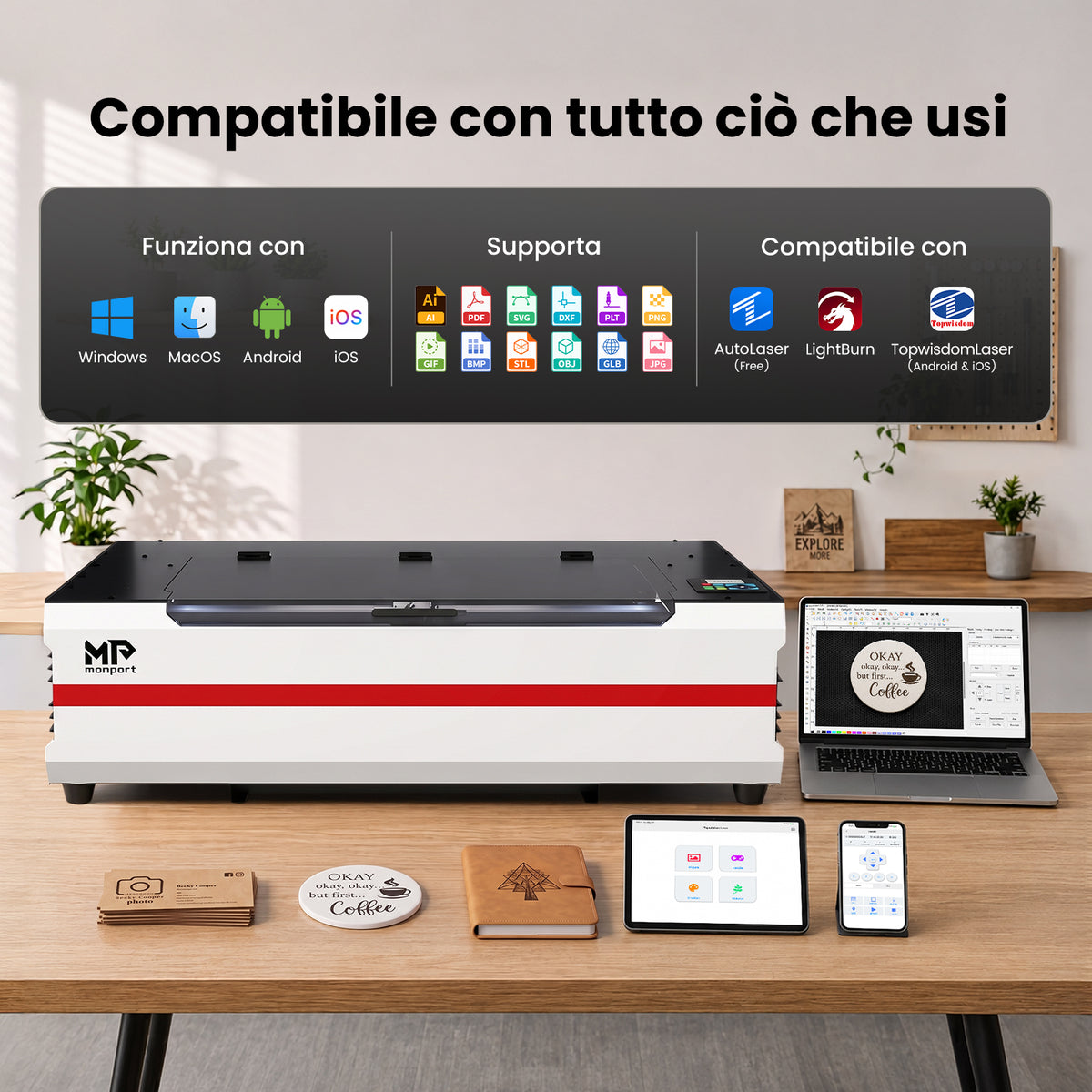 Monport Reno65 Pro 65W Incisore Laser CO₂ Aggiornato (24" × 16") con Raffreddamento ad Acqua, Assistenza Aria Integrata e Ripresa dell’Incisione dopo un’Interruzione di Corrente