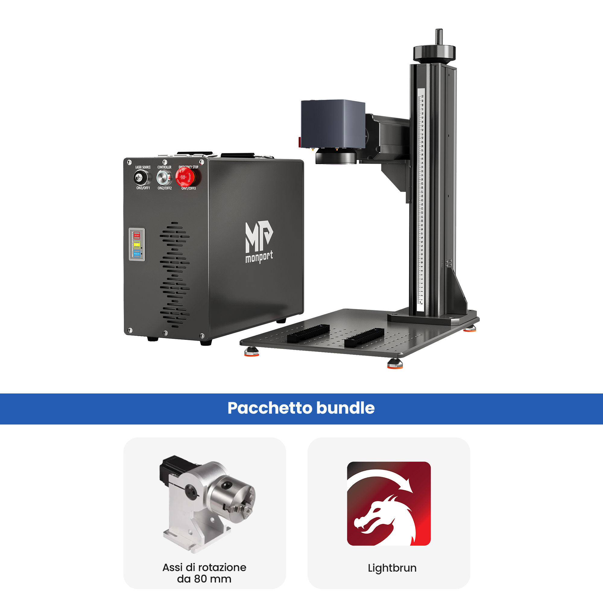 Monport GT 50W Macchina separata per incisione e marcatura laser a fibra con messa a fuoco automatica (200 mm × 200 mm)