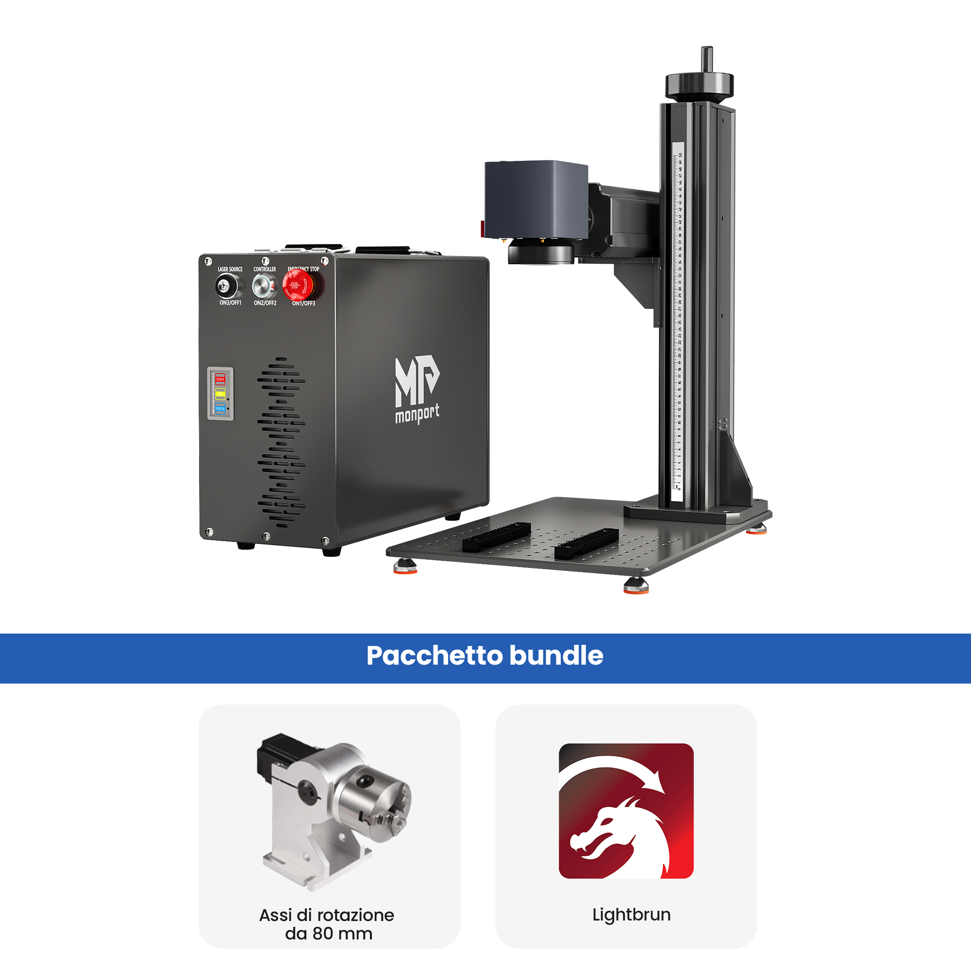 Monport GT 100W Macchina separata per incisione e marcatura a colori con laser a fibra MOPA e messa a fuoco automatica