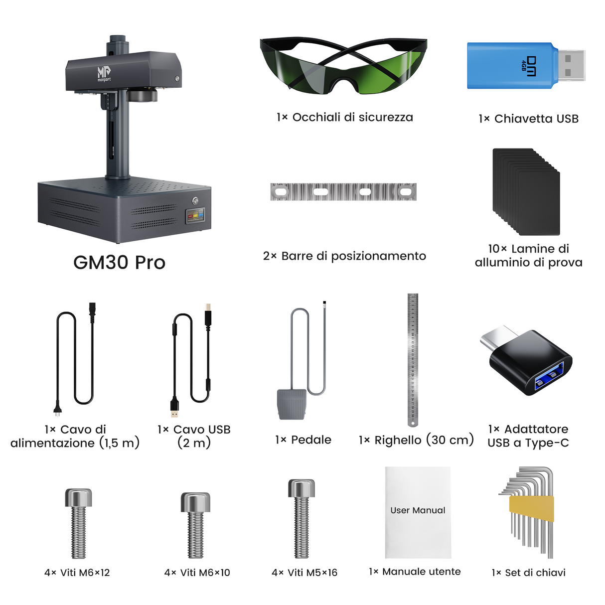 Macchina per incisione e marcatura laser a fibra integrata Monport GM 30W Pro con messa a fuoco automatica - Macchina