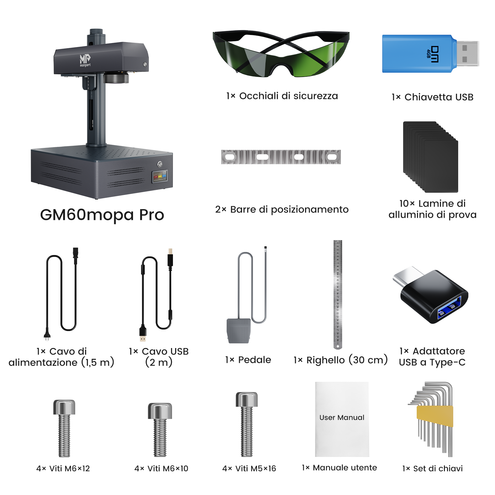 Macchina per incisione e marcatura laser in fibra MOPA integrata Monport GM 60W Pro con messa a fuoco automatica