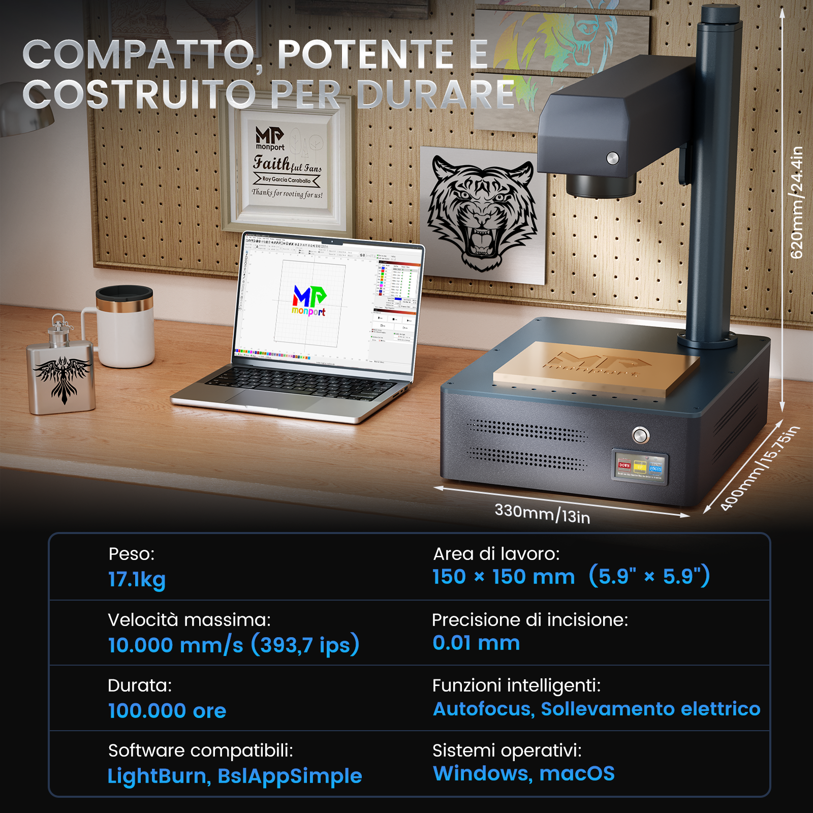 Macchina per incisione e marcatura laser a fibra integrata Monport GM 30W Pro con messa a fuoco automatica - Macchina