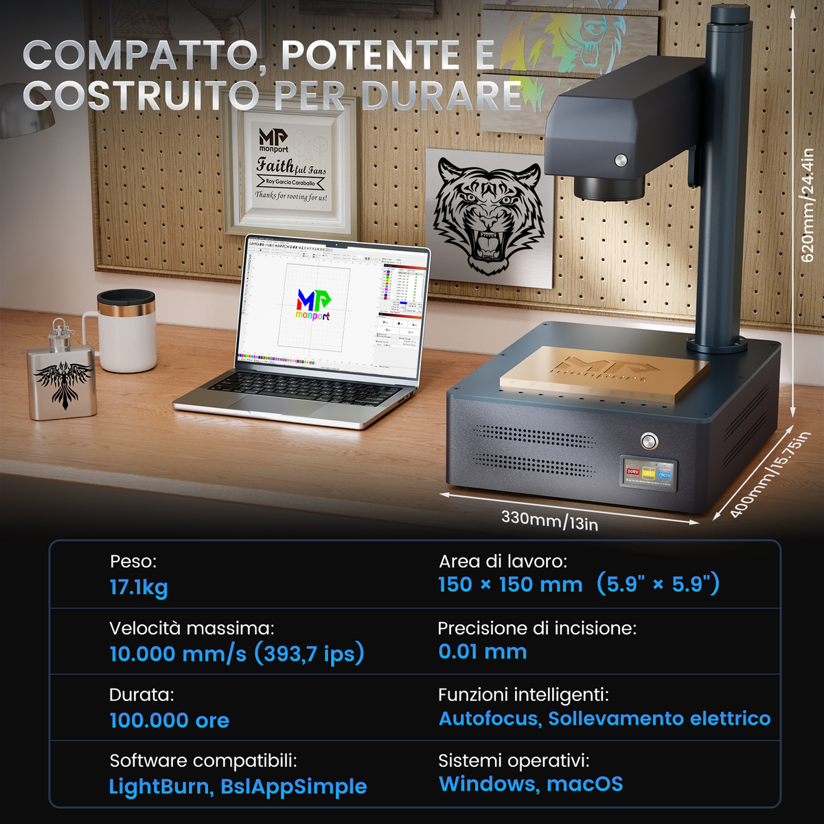 Macchina per incisione e marcatura laser a fibra integrata Monport GM 30W Pro con messa a fuoco automatica - Macchina