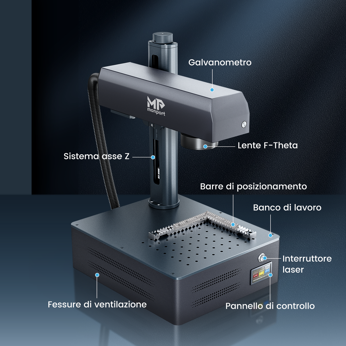Macchina per incisione e marcatura laser a fibra integrata Monport GM 50W Pro con messa a fuoco automatica - Macchina