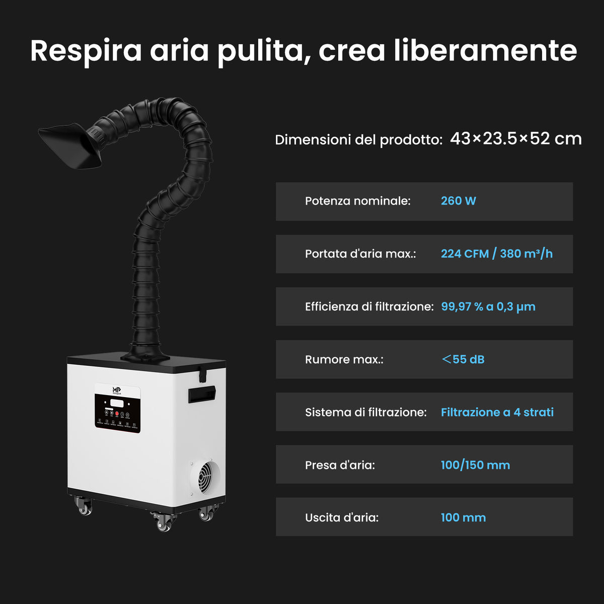 Monport Aspiratore fumi laser 260W con sistema di filtrazione a 4 stadi – Per macchine incisori laser CO₂ e a fibra
