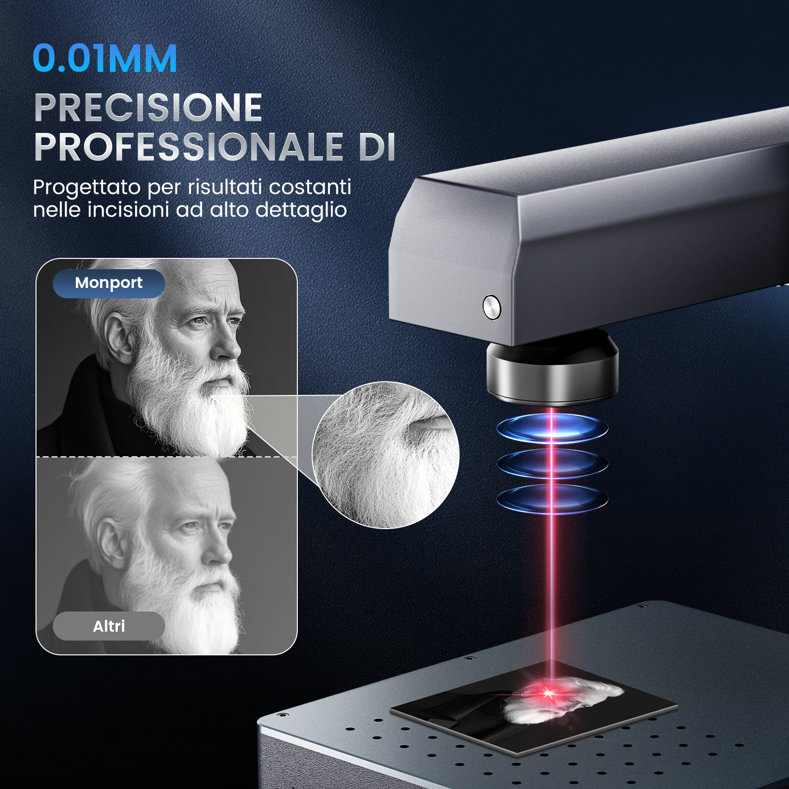 Macchina per marcatura e incisione laser a fibra integrata Monport GM 20W Pro con messa a fuoco automatica - Macchina