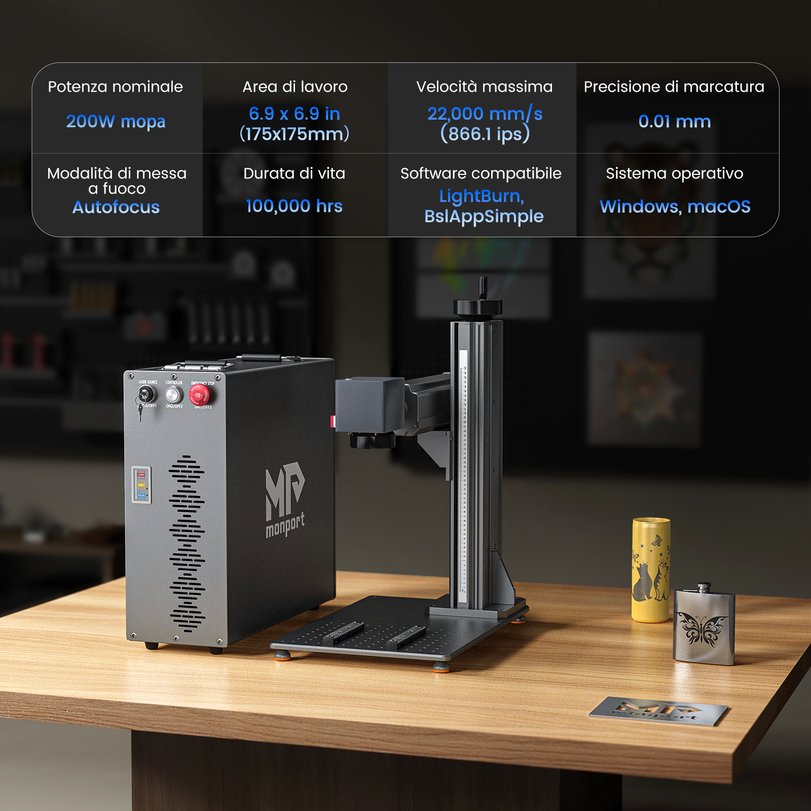 Monport GT 200W Split MOPA & Incisore laser a fibra con messa a fuoco automatica & Macchina per marcatura a colori