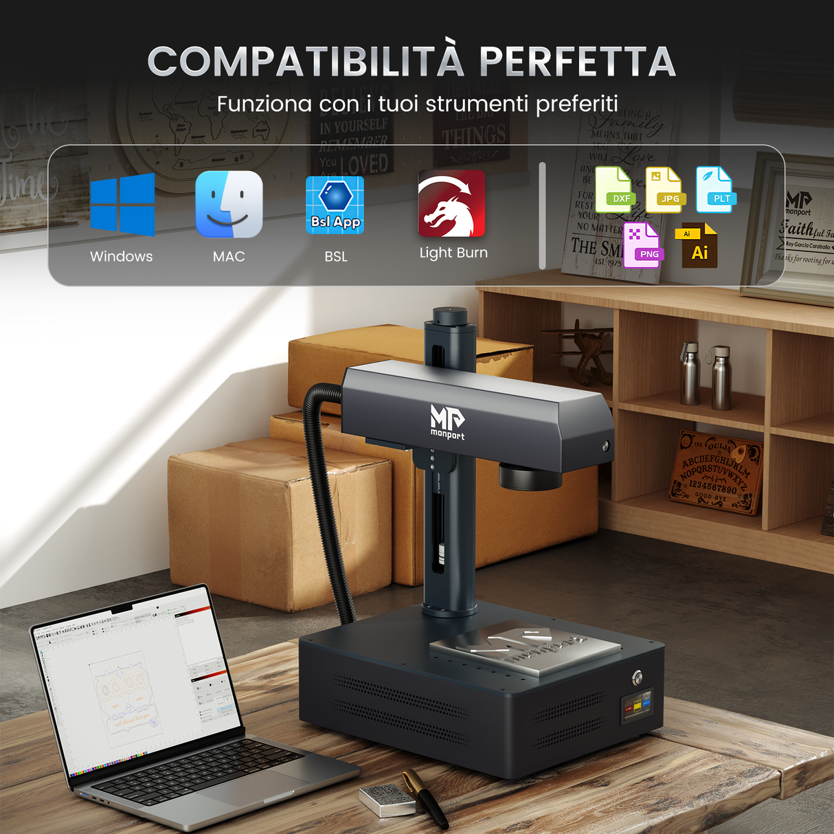Macchina per incisione e marcatura laser a fibra integrata Monport GM 50W Pro con messa a fuoco automatica - Macchina
