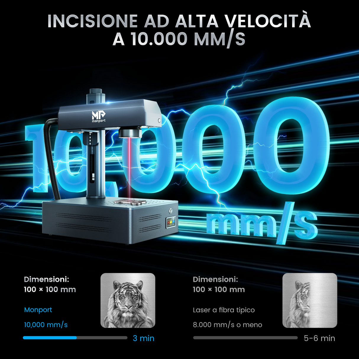 Macchina per incisione e marcatura laser a fibra integrata Monport GM 50W Pro con messa a fuoco automatica - Macchina