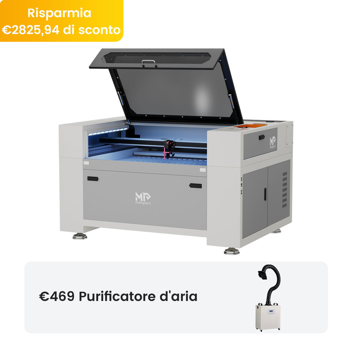 Incisore e tagliatrice laser CO2 Monport Effi 13S 130W aggiornato con messa a fuoco automatica e raffreddamento ad acqua integrato