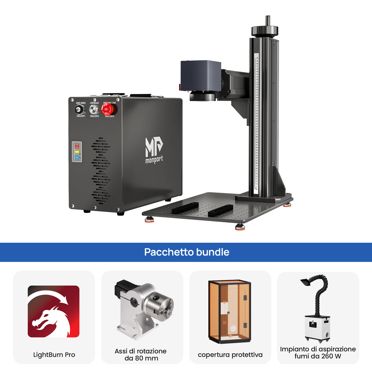 Monport GT 30W Macchina separata per incisione e marcatura a colori con laser a fibra MOPA e messa a fuoco automatica