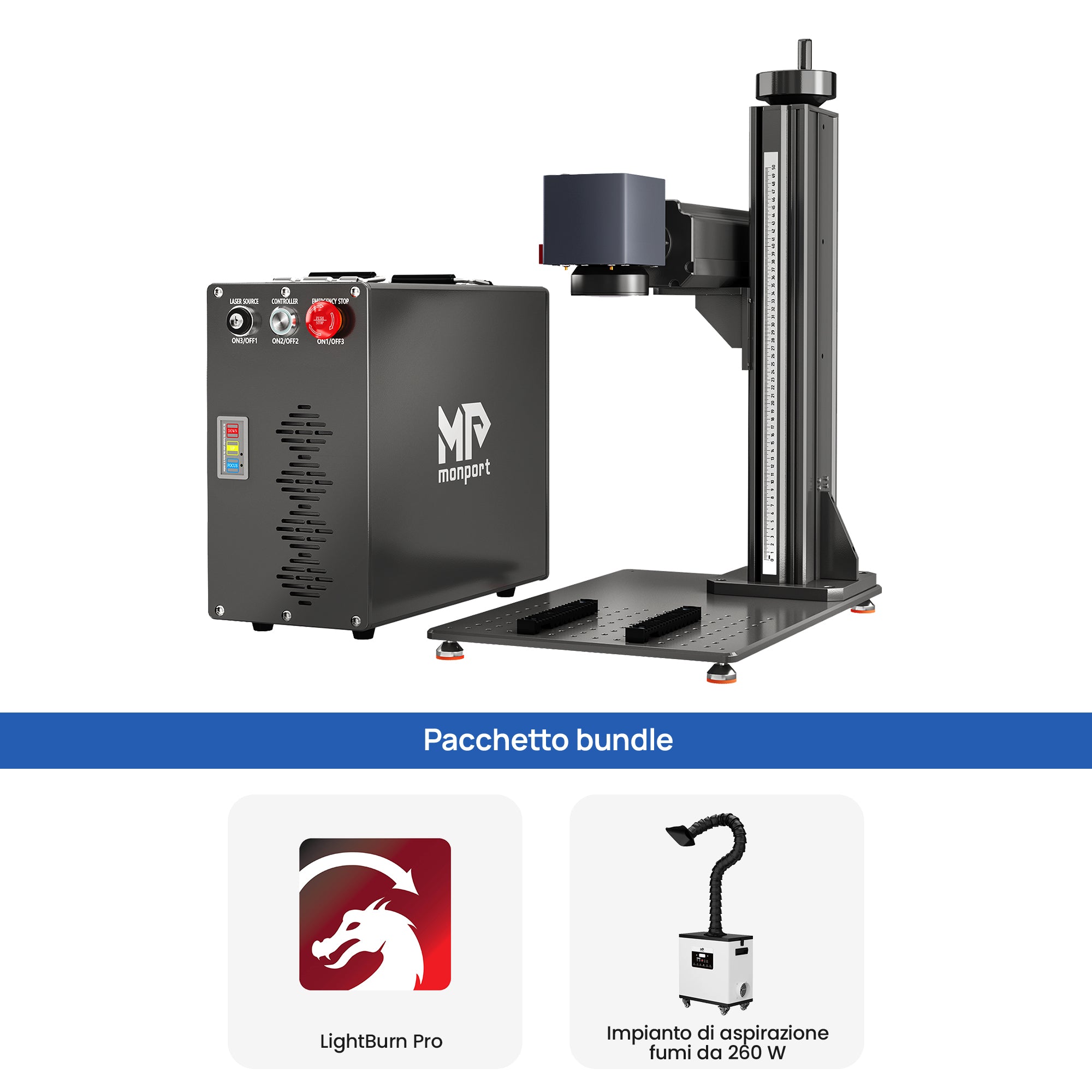 Monport GT 30W Macchina separata per incisione e marcatura a colori con laser a fibra MOPA e messa a fuoco automatica