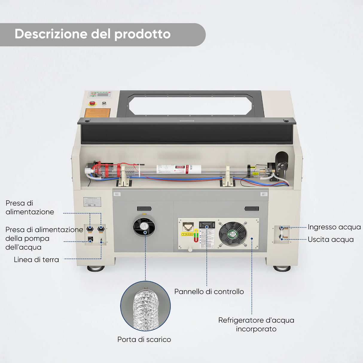 80W CO2 integrato con un sistema di refrigerazione ad acqua (900 x 600mm)