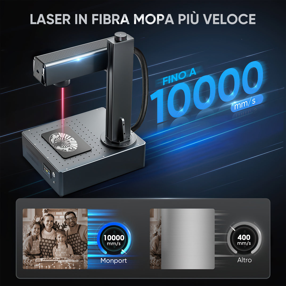 La macchina di incisione e marker con un laser a fibre ottiche MOPA integrato è stata potenziata da Monport GA con 30W